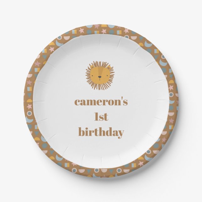 Cute Lion Baby Kids Animal Custom Birthday Party Paper Plates (Front)