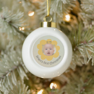Cute Lion Baby Picture Custom Name Ceramic Ball Christmas Ornament