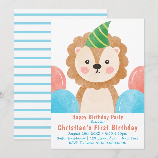 Cute Lion Balloons First Birthday Invitations  (Front/Back)