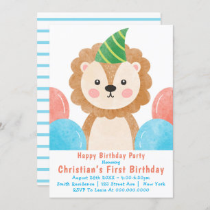Cute Lion Balloons First Birthday Invitations 