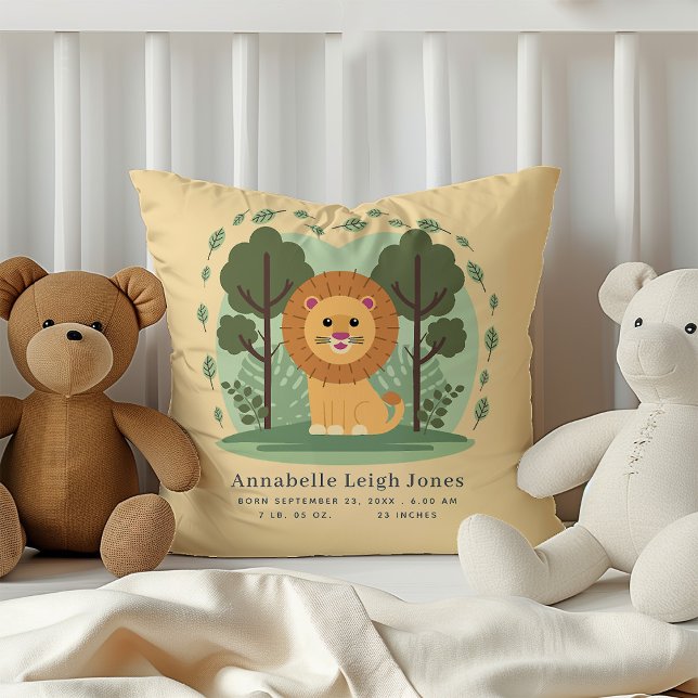 Cute Lion Birth Stats Baby Name Nursery  Throw Pillow (Creator Uploaded)