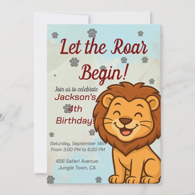 Cute Lion Birthday Party Invitation for Kids (Front)