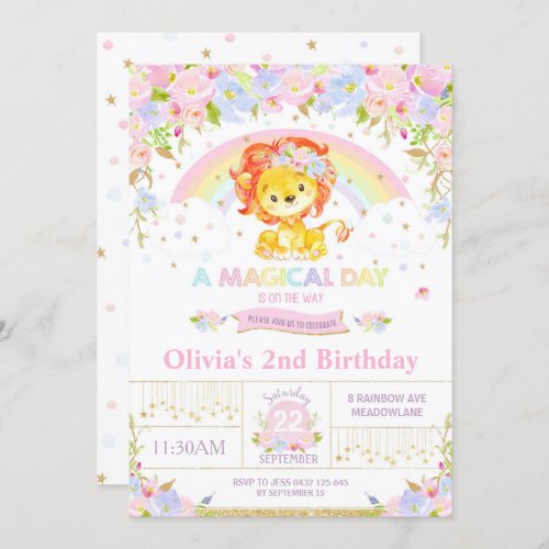 Cute Lion Birthday Party Invitation Girl Floral