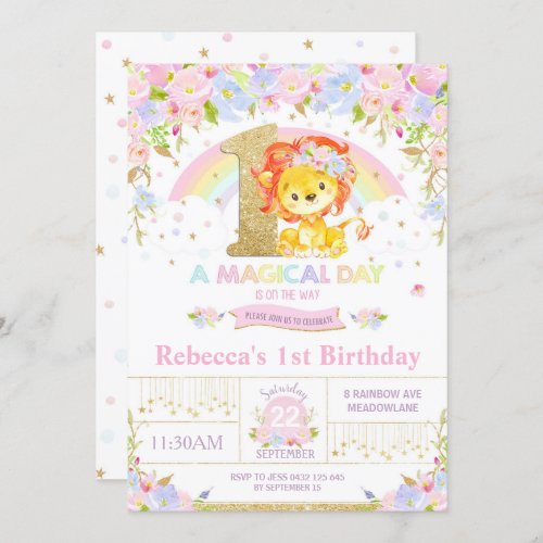 Cute Lion Birthday Party Invitation Girl Floral