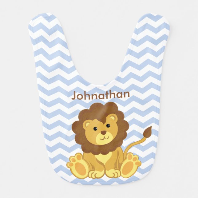 Cute Lion Blue Chevron Personalized Baby Bib (Front)