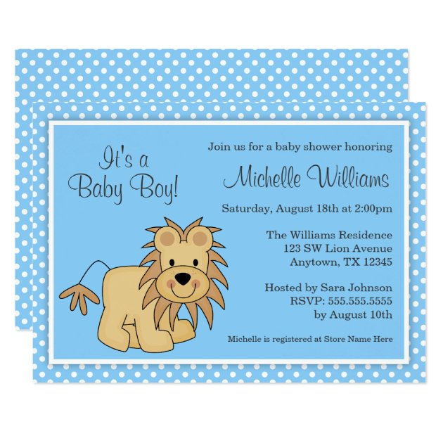 Cute Lion Blue Polka Dots Boy Baby Shower Invitation