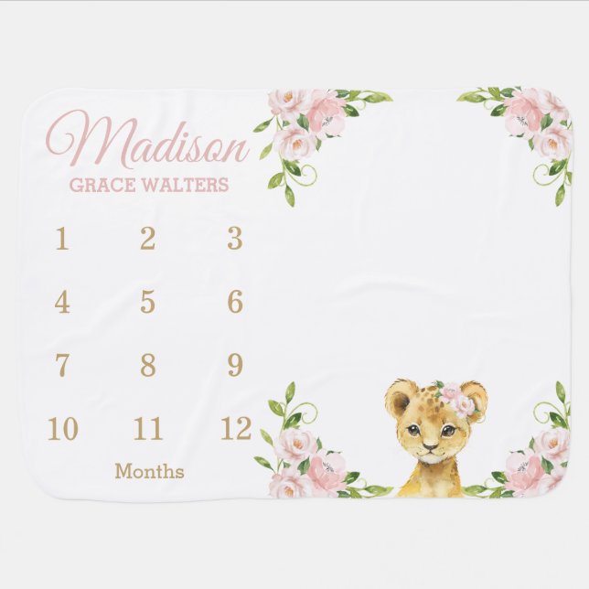 Cute Lion Blush Pink Floral Monthly Milestone Baby Blanket (Horizontal)