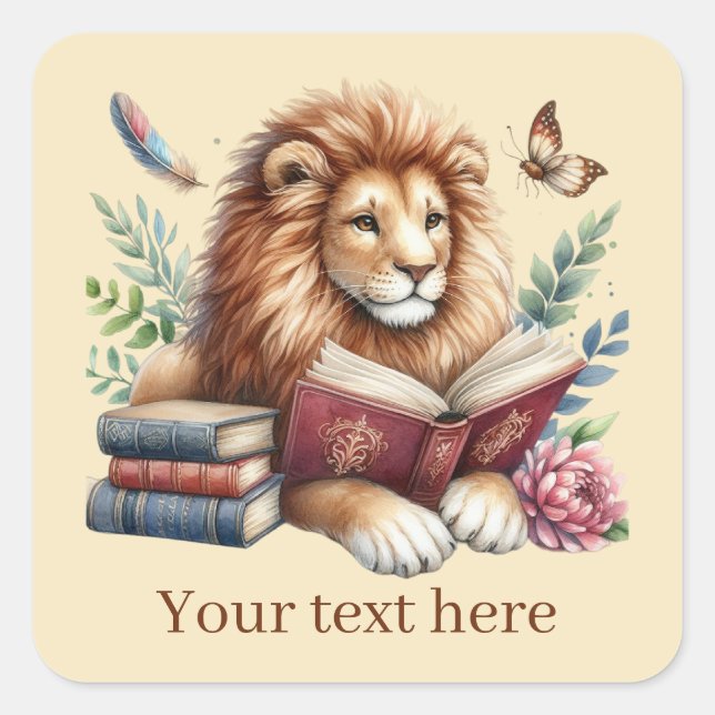 Cute lion book lovers add text square sticker (Front)
