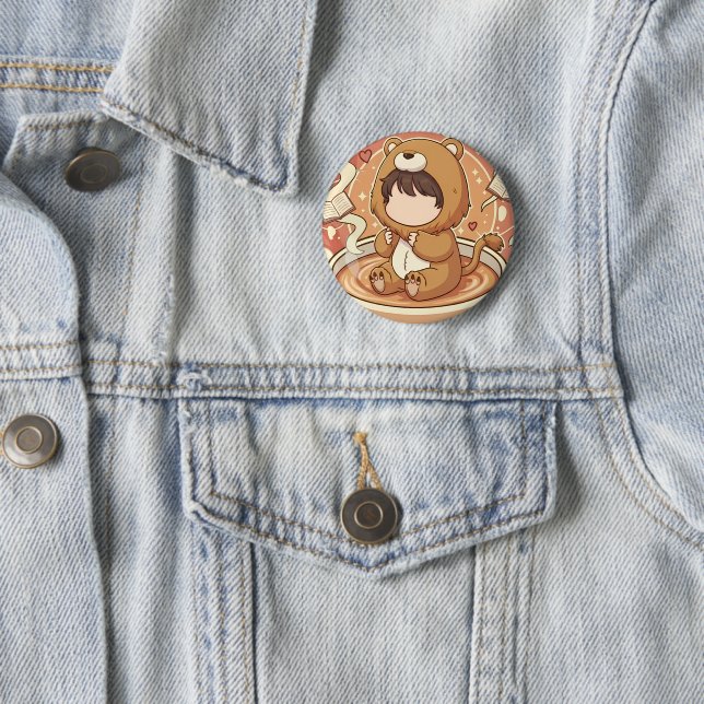 Cute Lion Boy Drinking Coffee Button (In Situ)