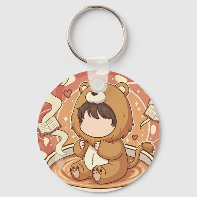 Cute Lion Boy Drinking Coffee Keychain (Front)
