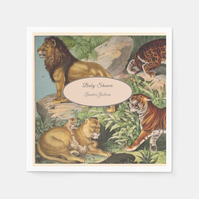 Cute Lion Cat jungle Dusty Blue Boyl Baby Shower Napkins (Front)