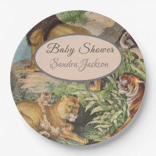 Cute Lion Cat jungle Dusty Blue Boyl Baby Shower Paper Plates