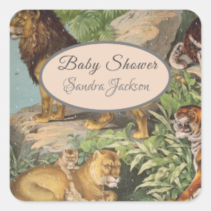 Cute Lion Cat jungle Dusty Blue Boyl Baby Shower Square Sticker