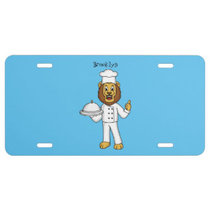 Cute lion chef cartoon illustration license plate