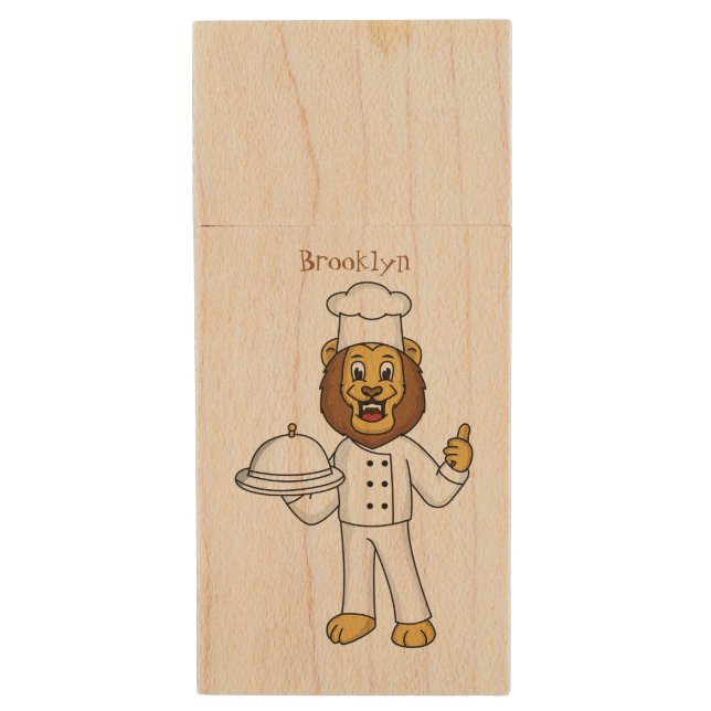 Cute lion chef cartoon illustration  wood flash drive (Front Vertical)