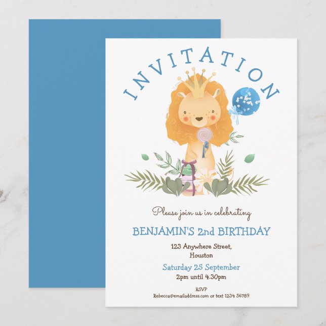 Cute Lion Crown Leaves Boys 2nd Birthday Party Invitation (Front/Back)