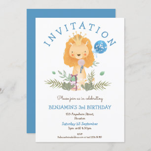 Cute Lion Crown Leaves Boys 3rd Birthday Party Invitation