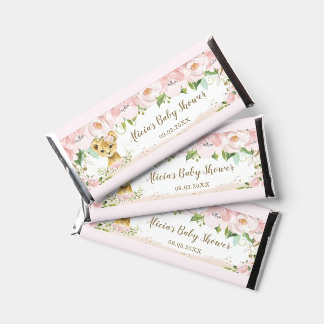 Cute Lion Cub Blush Pink Floral Baby Shower Hershey Bar Favors (Front)
