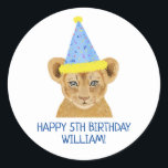 Cute Lion Cub Illustration Happy Birthday  Classic Round Sticker<br><div class="desc">cute lion cub illustration personalized name "happy birthday" stickers . Customizable</div>