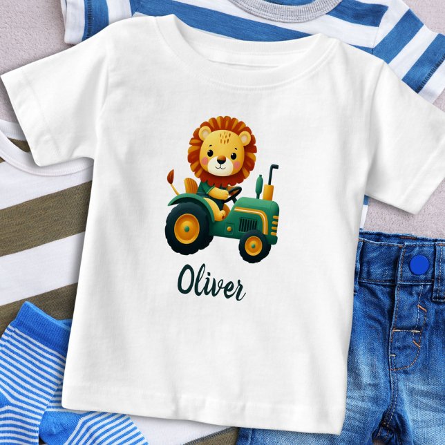 Cute Lion Cub on Charming Green Tractor Baby T-Shirt (Creator Uploaded)