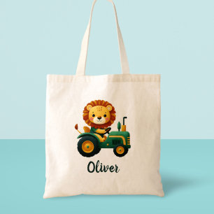 Cute Lion Cub on Charming Green Tractor Tote Bag