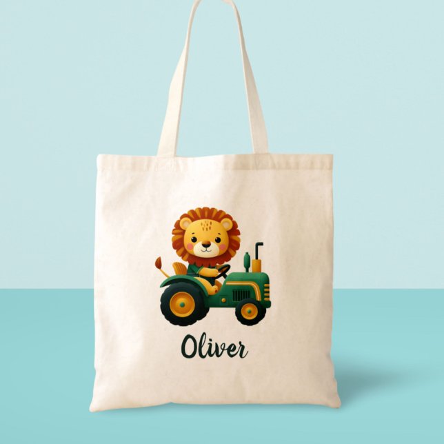 Cute Lion Cub on Charming Green Tractor Tote Bag (Creator Uploaded)
