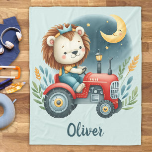 Cute Lion Cub on Red Tractor at Night Fleece Blanket