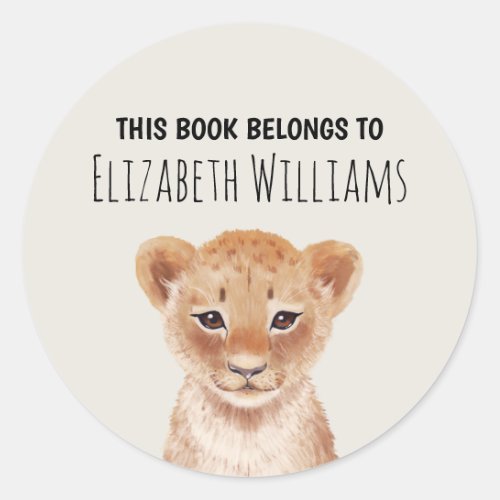 Cute Lion Cub Personalized Name School  Classic Round Sticker