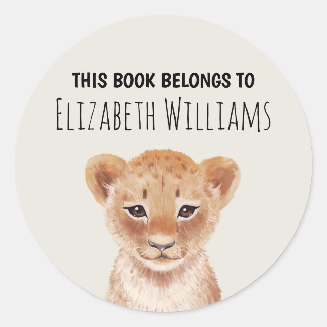 Cute Lion Cub Personalized Name School  Classic Round Sticker (Front)