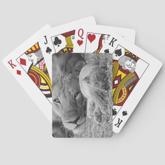 Cute Lion Cub Resting With Father Poker Cards (Back)