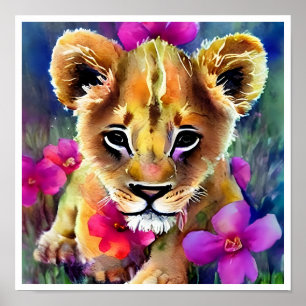 Cute Lion Cub Surrounded by Flowers Poster