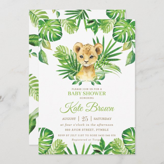 Cute Lion Cub Tropical Greenery Boy Baby Shower Invitation (Front/Back)