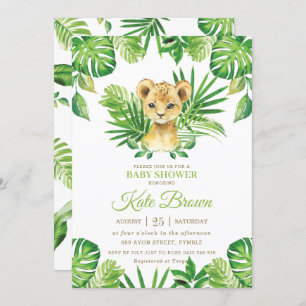 Cute Lion Cub Tropical Greenery Boy Baby Shower Invitation