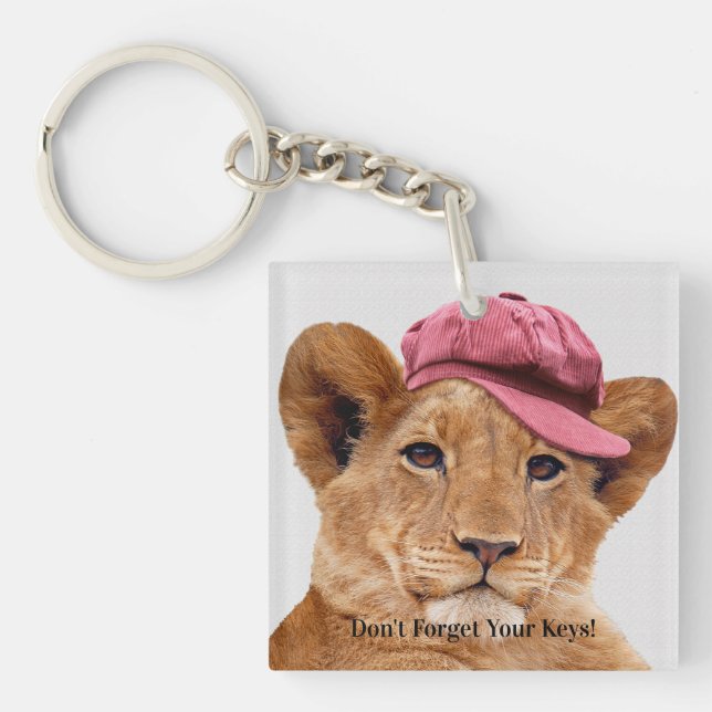 Cute Lion Cub Wearing a Hat Personalize Keychain (Front)