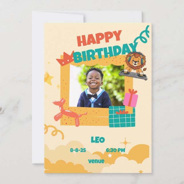 Cute Lion DJ Kids Birthday Party Invitation (Front)