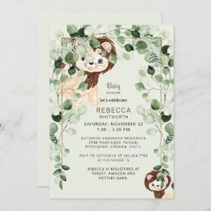 Cute Lion Eucalyptus Baby Shower Foliage Mint Invitation