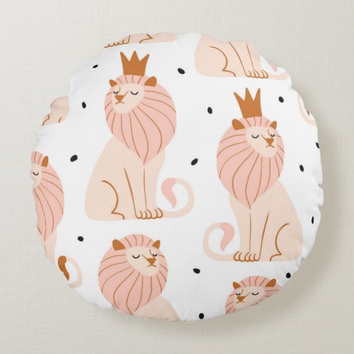 Cute Lion Exotic Animals Seamless Round Pillow