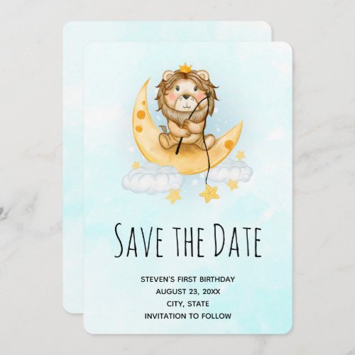 Cute Lion Fishing from the Moon Watercolor Save The Date