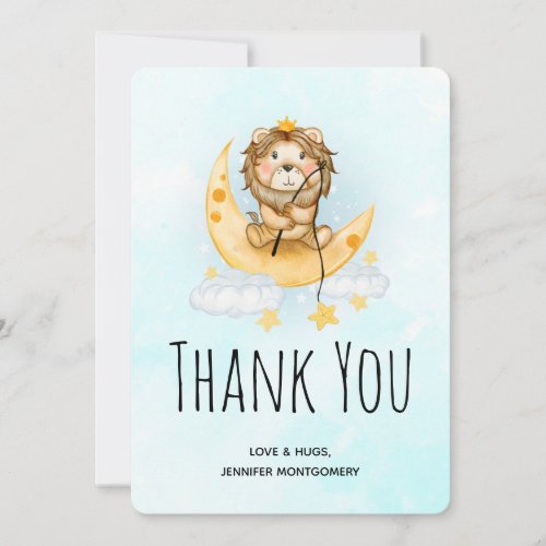 Cute Lion Fishing from the Moon Watercolor Thank You Card