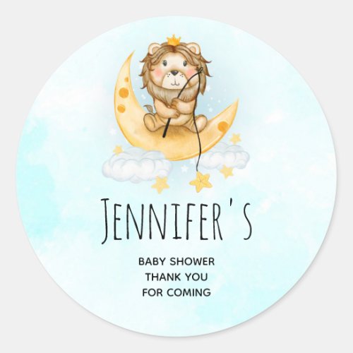 Cute Lion Fishing on the Moon Baby Shower Classic Round Sticker