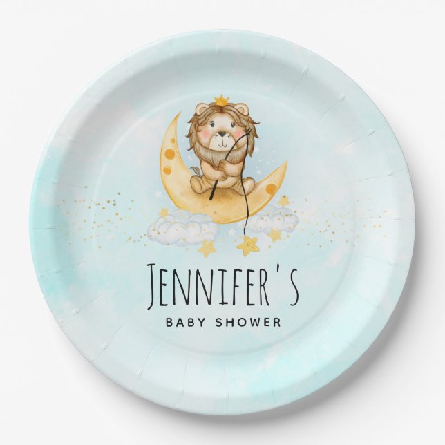 Cute Lion Fishing on the Moon Baby Shower Paper Plates (Front)