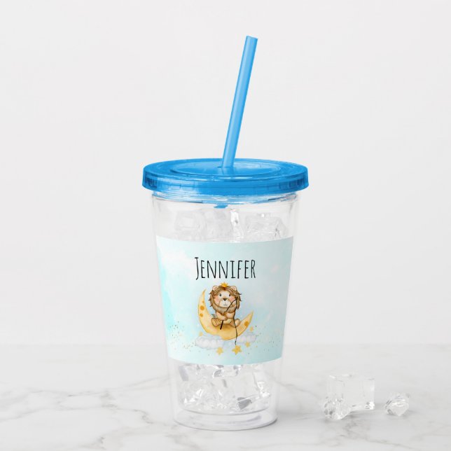 Cute Lion Fishing on the Moon Watercolor Acrylic Tumbler (Back Ice)