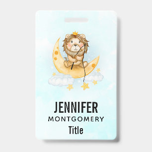 Cute Lion Fishing on the Moon Watercolor Badge