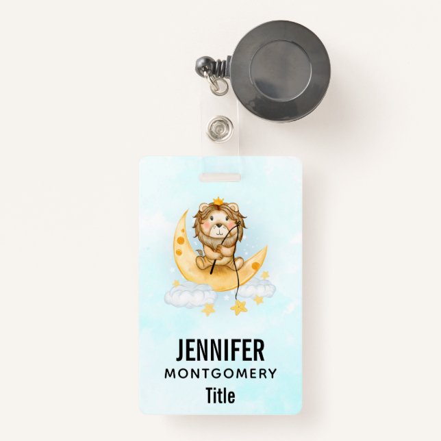 Cute Lion Fishing on the Moon Watercolor Badge (Front with Retractable)