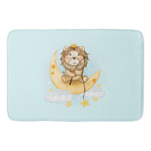 Cute Lion Fishing on the Moon Watercolor Bath Mat