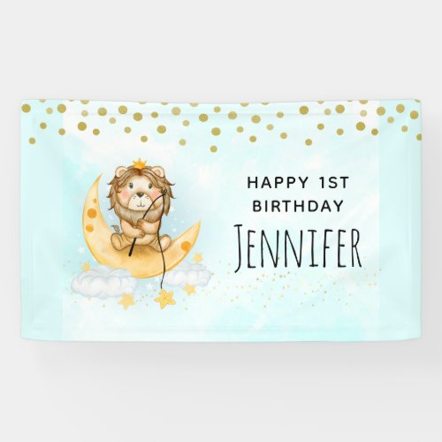 Cute Lion Fishing on the Moon Watercolor Birthday Banner