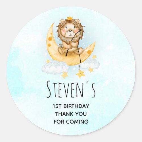 Cute Lion Fishing on the Moon Watercolor Birthday Classic Round Sticker