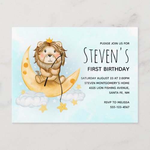 Cute Lion Fishing on the Moon Watercolor Birthday Invitation Postcard