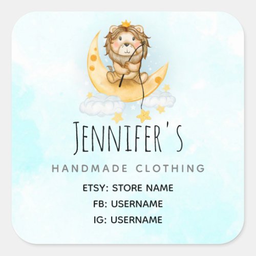 Cute Lion Fishing on the Moon Watercolor Business Square Sticker