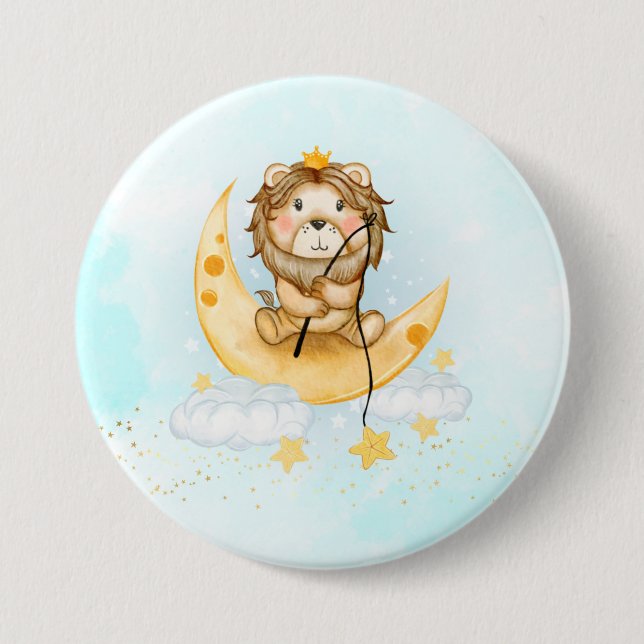 Cute Lion Fishing on the Moon Watercolor Button (Front)